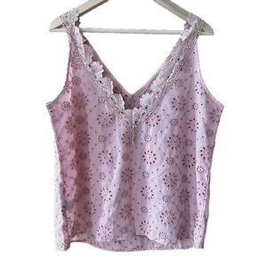 Niay Mauve Dusty Rose Eyelet Lace Trim V Neck Tank Top - Extra Large